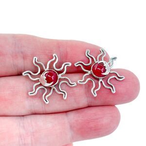 Red Agate Sun Stud Earrings | Estate Sterling Silver 925